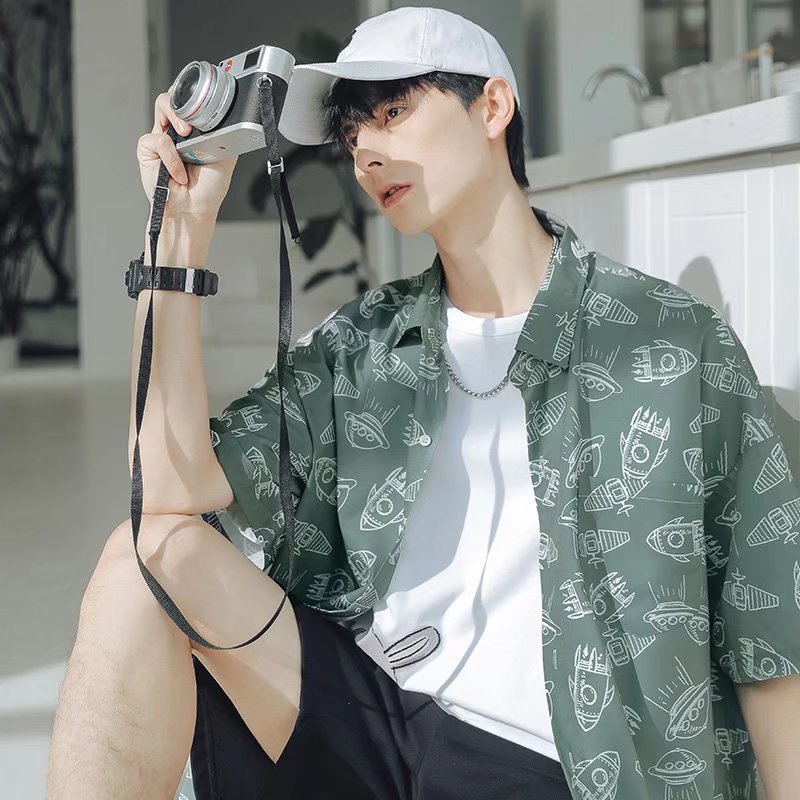 áo sơ mi nam unisex áo sơ mi cộc tay nam lụa trẻ tuổi áo form rộng tiếng Nhật áo đôi nam nữ thời trang retro áo khoác sơ mi nam