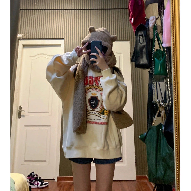 Áo Sweater Dáng Rộng In Họa Tiết Màu Vàng Sữa Phong Cách Hàn Quốc Dễ Phối Đồ