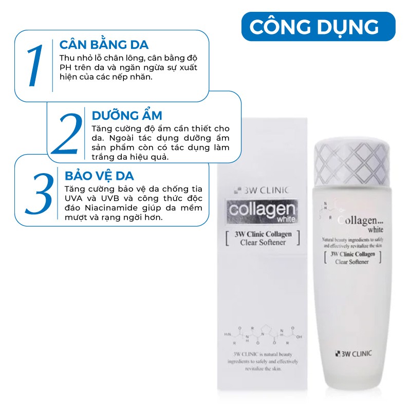 Nước hoa hồng dưỡng trắng da se khít lỗ chân lông chiết xuất từ Collagen 3W Clinic Hàn Quốc 150ml