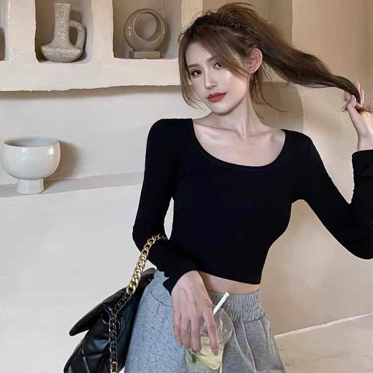 Áo croptop nữ - Áo thun nữ len tăm dài tay cổ rộng trẻ trung năng động phong cách Hàn Quốc