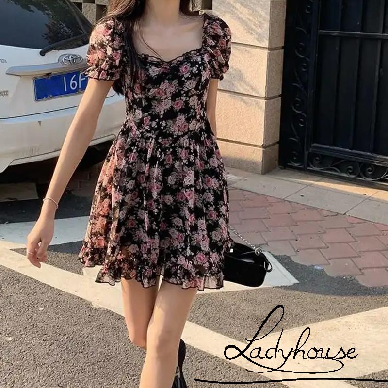 Đầm chữ A mini cổ vuông tay ngắn phồng eo cao thời trang mùa hè cho nữ