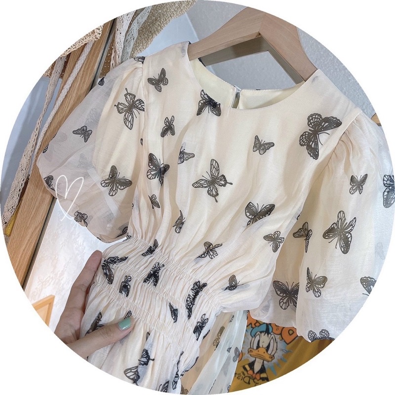 ĐẦM MIDI HOẠ TIẾT TAY BỒNG BO EO