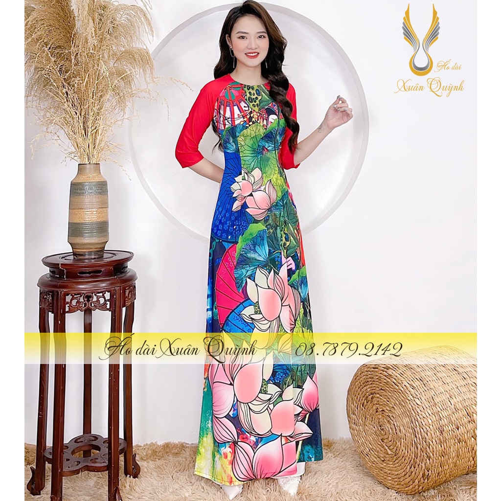 Áo Dài Hoa Sen Trẻ Trung Duyên Dáng Thanh Lịch, Lụa Habutai Co Dãn Mềm Mại A7 - Áo Dài Xuân Quỳnh