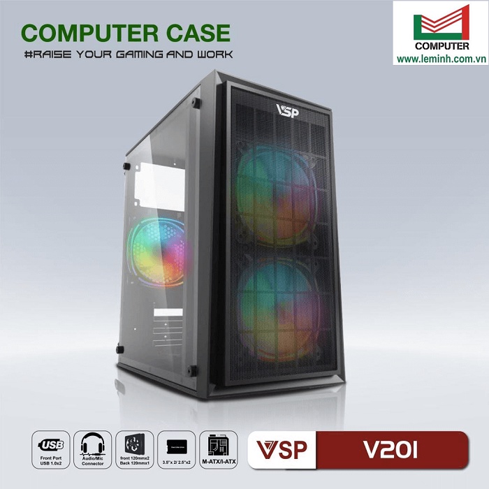 Vỏ case PC thùng máy tính chính hãng VSP V201 Black Hông trong suốt