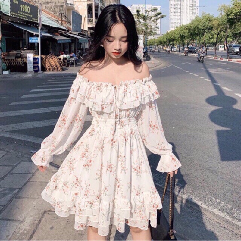 Váy hoa nhí trễ vai babydoll bèo tầng thắt chun eo, Đầm dự tiệc tiểu thư vintage Hàn Quốc (TTA115)