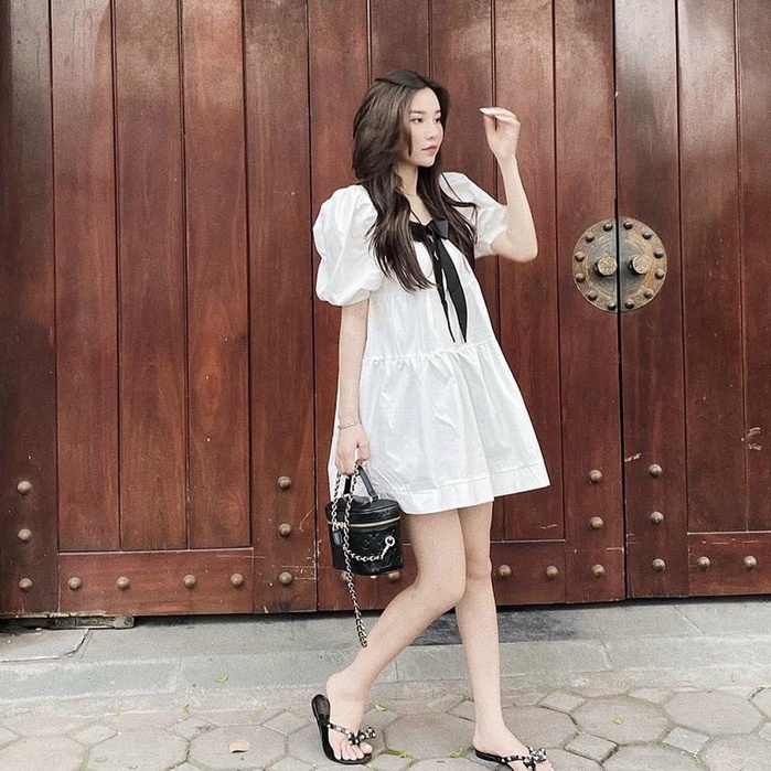 Đầm Babydoll Nữ,đầm Váy Xòe Cổ Vuông Đính Nơ Tiểu Thư Công Chúa Dự Tiệc Dạo Phố Sang Chảnh Thời Trang Thiết Kế  Xm Minh