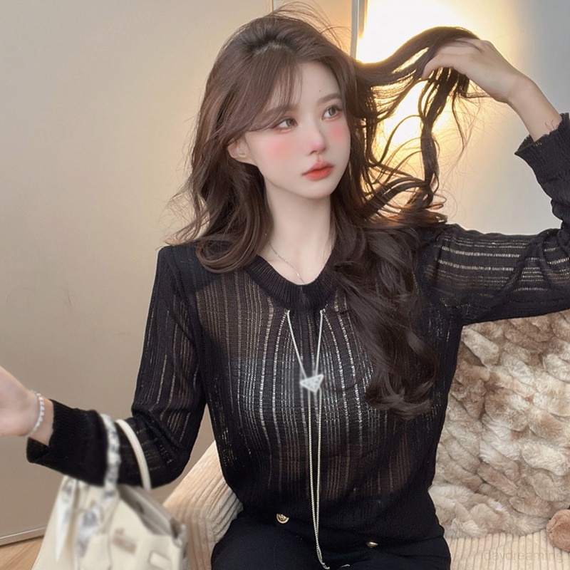 Áo Sweater Dệt Kim Mỏng Tay Dài Dáng Rộng Thiết Kế Khoét Rỗng Thời Trang Cho Nữ