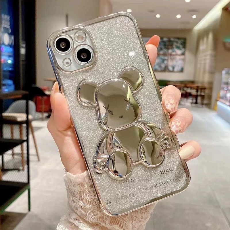 Ốp Điện Thoại Silicon Mạ Viền Họa Tiết Gấu Lấp Lánh Sang Trọng Cho iPhone 13 12 11 Pro Xs Max X Xr 8 7 Plus SE 2020