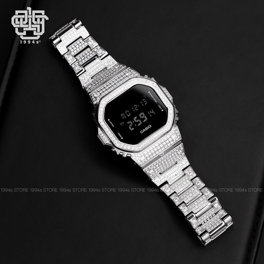 Đồng hồ nam Casio G-Shock DW-5600 custom dây &amp; vỏ thép đính đá, chống va đập, hàng chính hãng