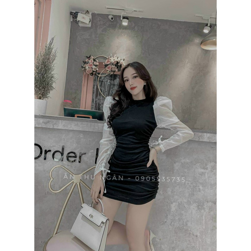 Đầm Body💥𝑭𝑹𝑬𝑬𝑺𝑯𝑰𝑷💥Đầm Body Tay Nhún Chất Borip Phối Voan Xịn Xò,LY STORE