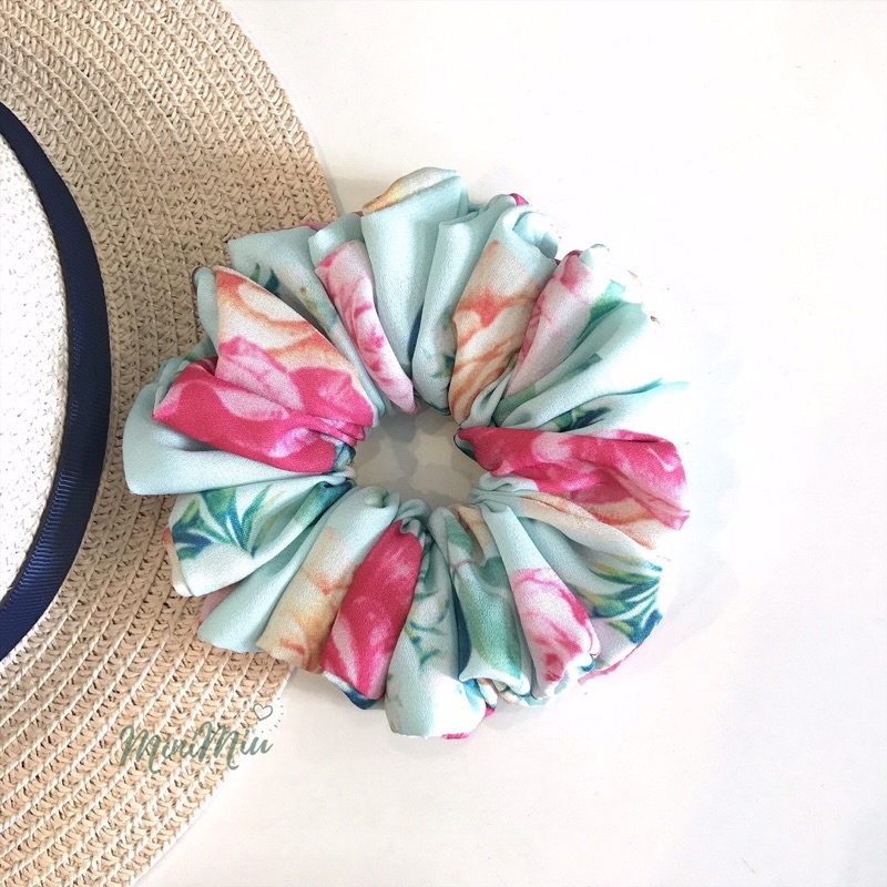 Dây buộc tóc Scrunchies handmade lụa chính phong,lụa cát hoạ tiết vườn hoa sắc màu, độ nhún dày chun co giãn tốt