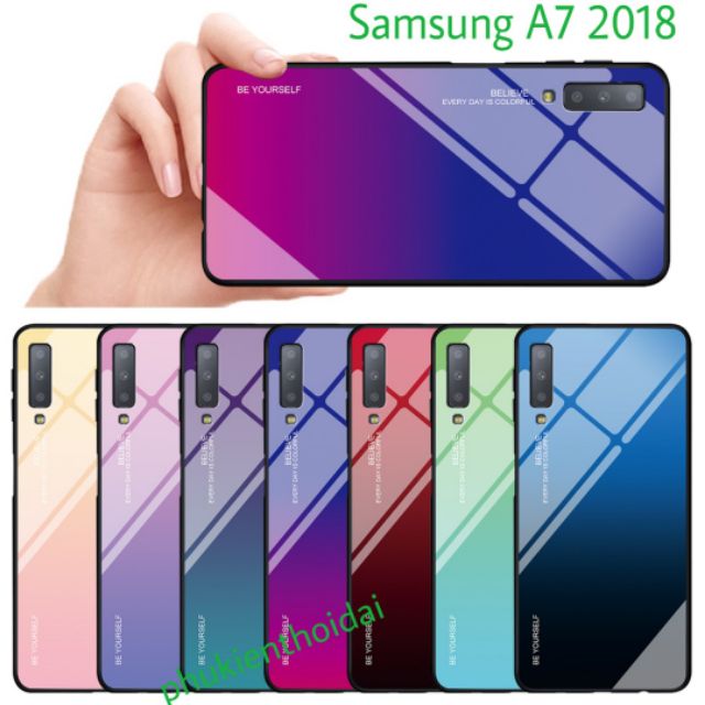Ốp lưng kính đa sắc cho Samsung A7 2018 viền dẻo mặt kính cao cấp