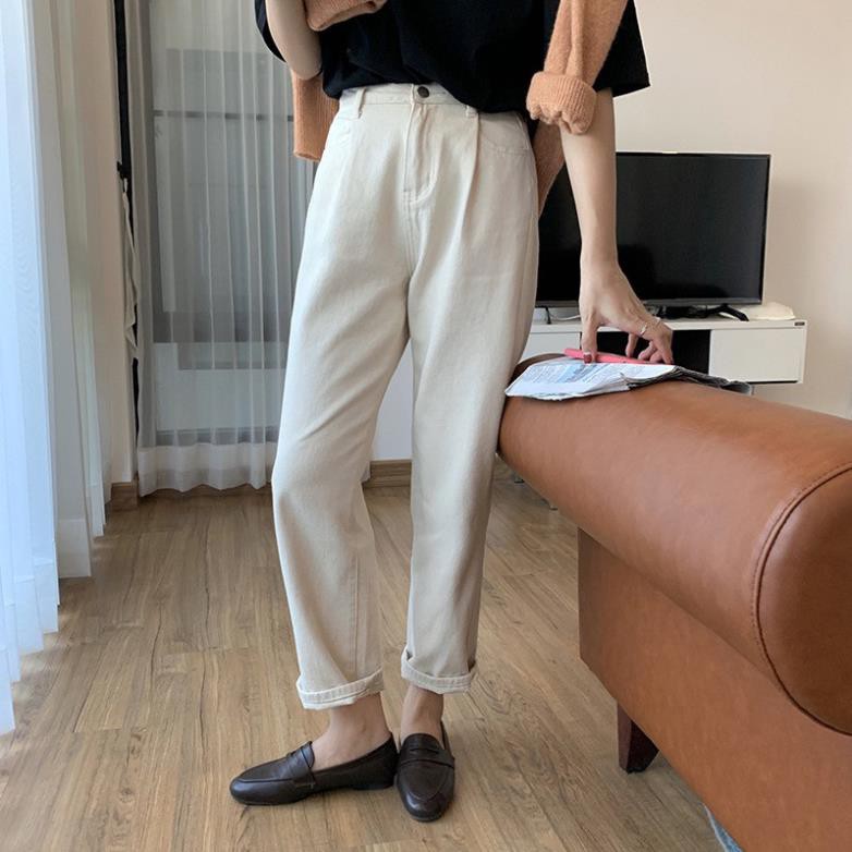 Quần Jean nữ Lưng cao Dáng suông Form rộng Ulzzang Hàn Quốc Quần Bò nữ Cao cấp Cạp cao Thời trang
