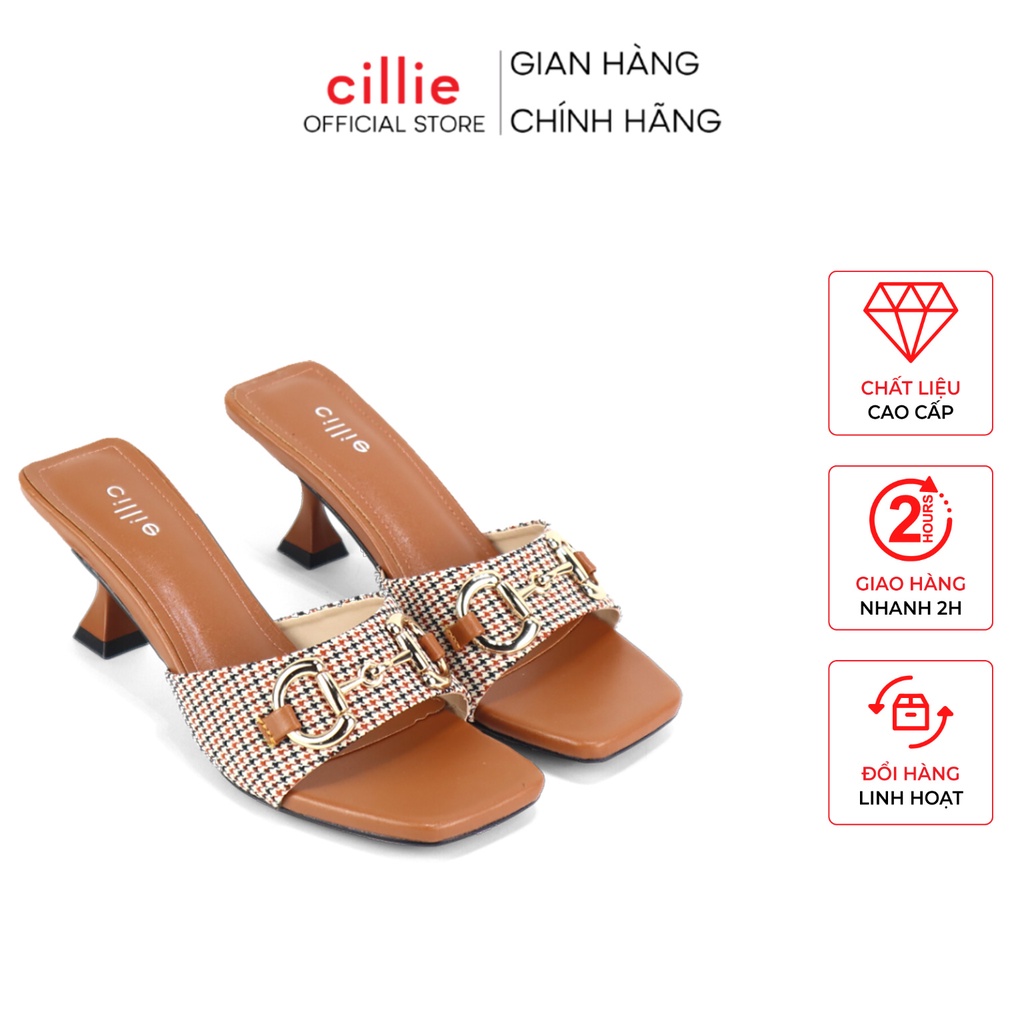 Guốc nữ quai ngang phối khóa thời trang vải bố vintage gót vuông thanh mảnh cao 7cm đi chơi dạo phố Cillie 1142