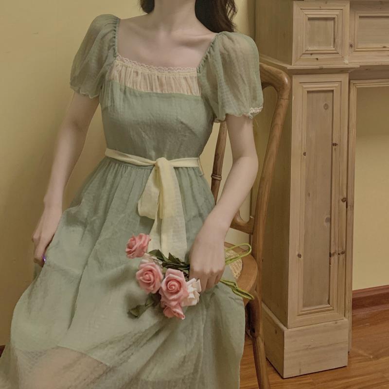 Đầm Công Chúa Dáng Dài Cổ Vuông Màu Xanh Lá Thời Trang Mùa Hè Hàng Mới Dành Cho Bạn Nữ