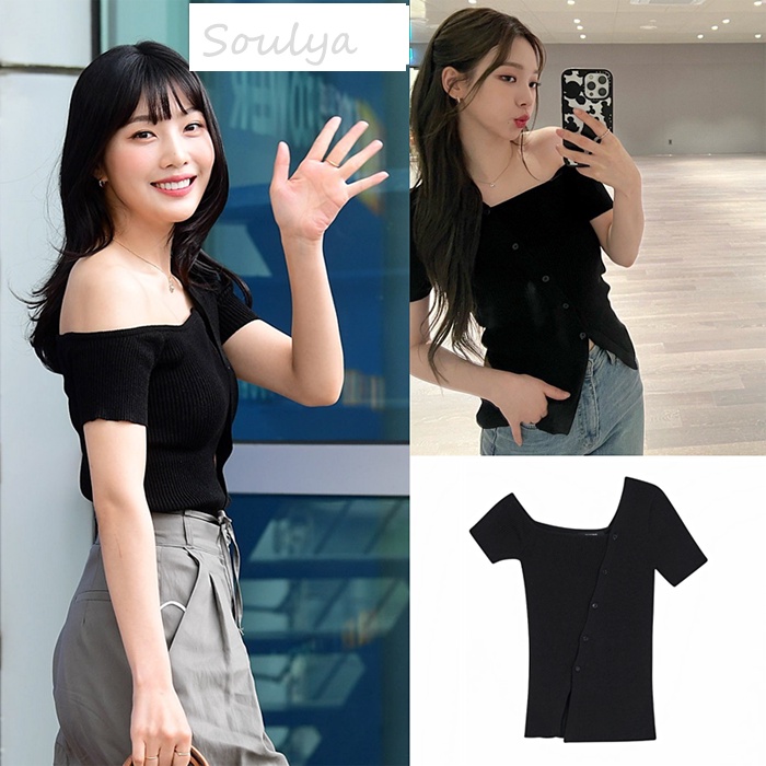 Aespa Karina Red Velvet Joy Áo Thun Dệt Kim Dáng Ôm Hở Vai Tay Cộc Bằng Lụa Băng Thời Trang Hàn Quốc Cho Nữ
