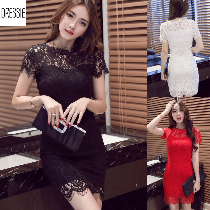 Váy Áo Đầm Ren Ôm Body DRESSIE Thời Trang Nữ Công Sở Dạo Phố Dự Tiệc Đám Cưới - DB74 (Đen - Trắng - Đỏ) | BigBuy360 - bigbuy360.vn