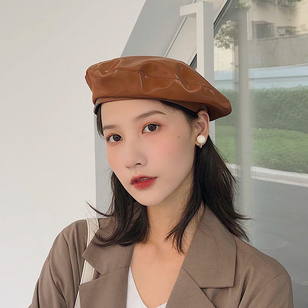 QQMALL Nón Da PU Thời Trang Retro Thanh Lịch Kiểu Hàn Quốc