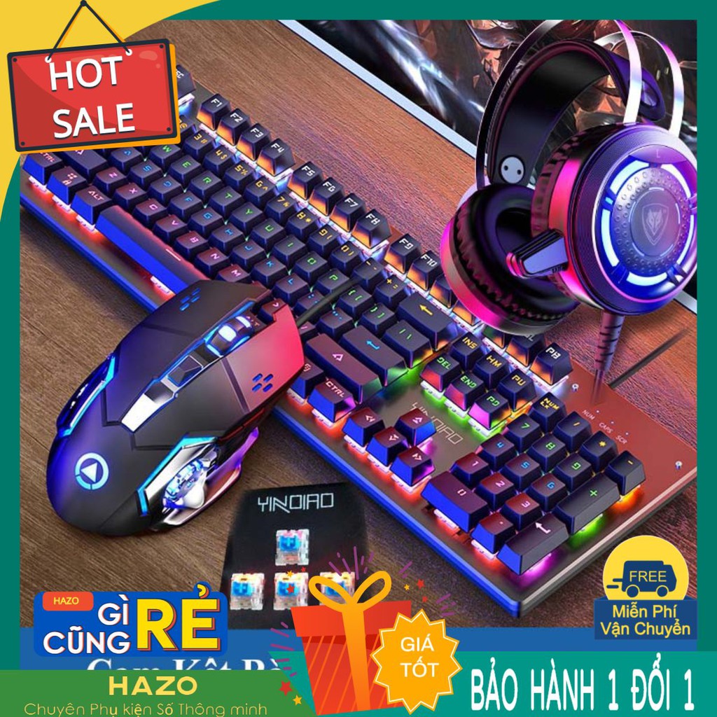 COMBO Bàn Phím Cơ Led RBG + Chuột Bluetooth + Tai Nghe Gamer Led + Lót Chuột Xịn - Hàng Chính Hãng Yindiao