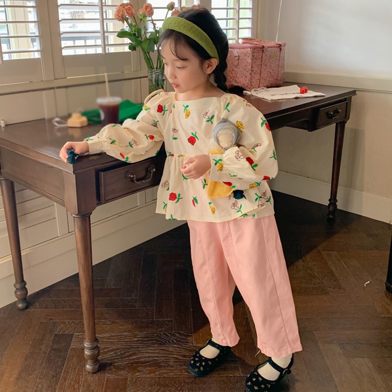 Áo Sơ Mi Cotton Tay Phồng Dáng Dài Họa Tiết Hoa Phong Cách Hàn Quốc Thời Trang Mùa Thu Dành Cho Bé Gái