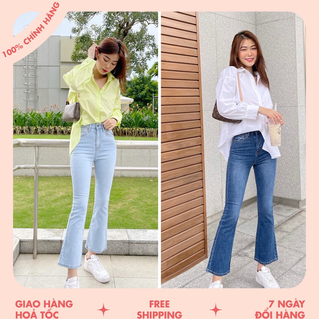 Quần jeans loe HEYBEE lưng cao, chất vải siêu co giãn (2 màu) - FLARE JEANS 1104.