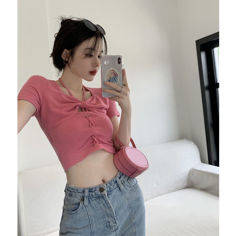 Jiashucheng Áo Thun Ngắn Tay Ôm Dáng Hở Lưng Màu Hồng Phong Cách Mới Mùa Hè Cho Nữ
