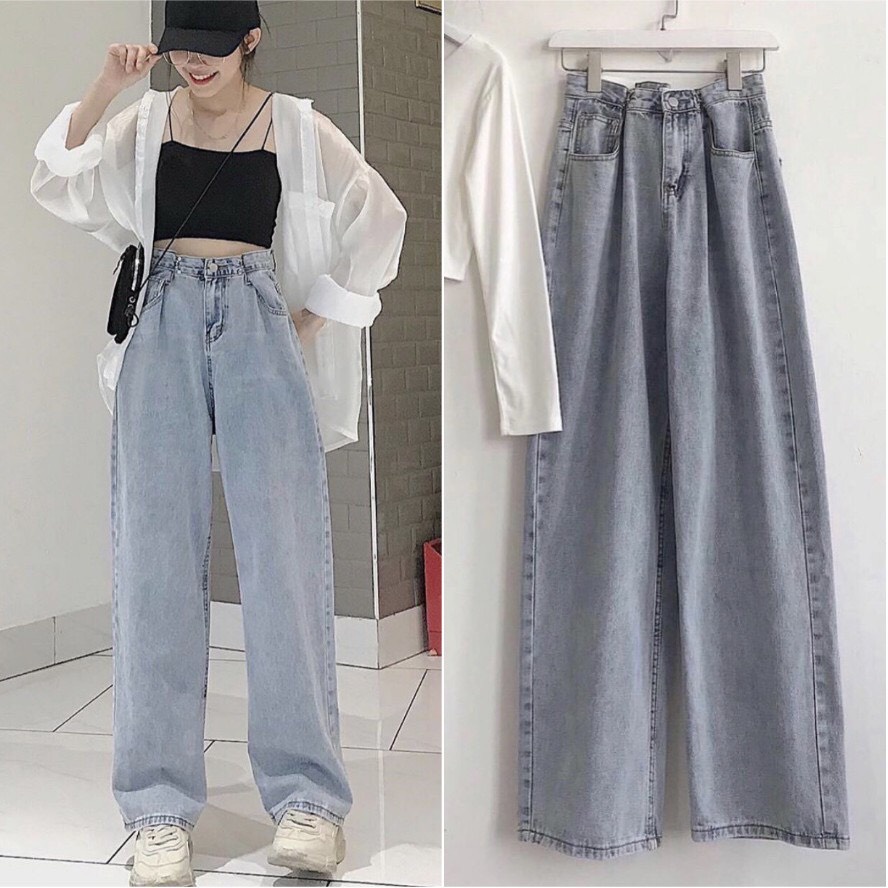 Quần bò nữ - Quần jeans ống rộng lưng cao, vải bò dày đẹp , không giãn ,dáng suông