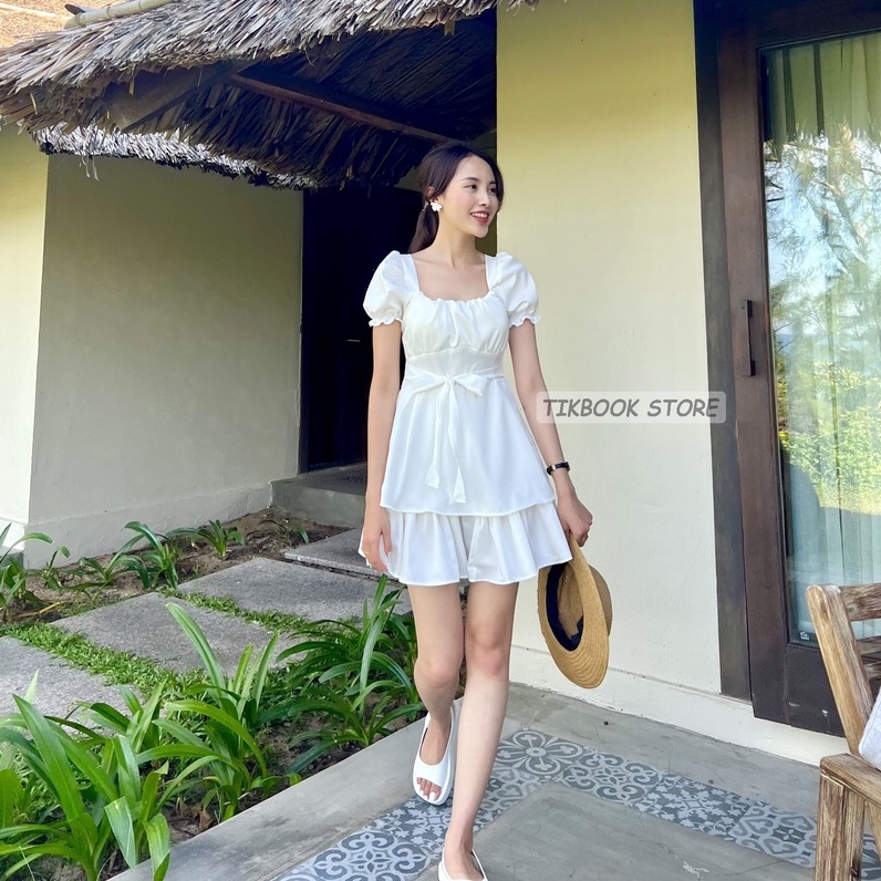 ĂNh thật- Váy tay bồng buộc eo thắt nơ - Tikbook Store