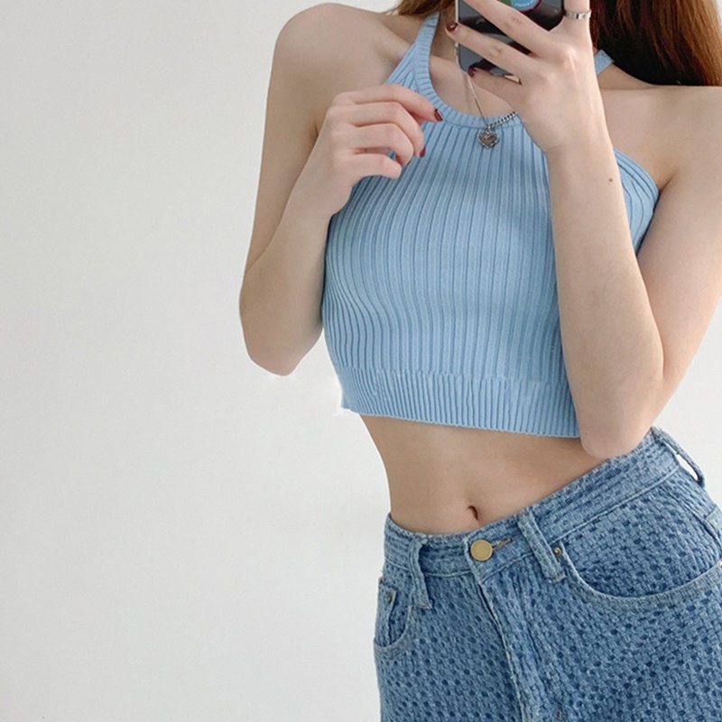 Áo Croptop Dệt Kim Không Tay Cổ Tròn Màu Sắc Đơn Giản Cho Nữ
