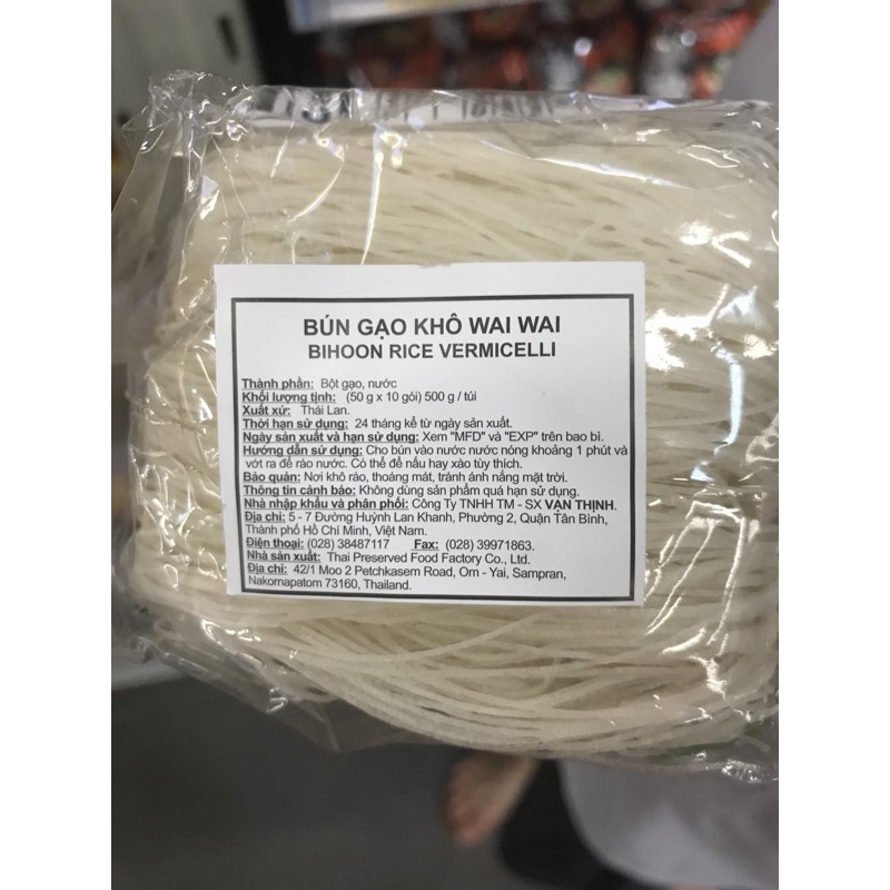 WAI WAI Bún Gạo Khô (50g*10 gói) 500g/túi Bún Thái waiwai