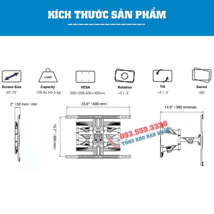 Giá Treo Tivi Góc Xoay NB P6 45 - 55 - 65 - 75 Inch - Khung Treo Tivi P6 Xoay Đa Năng - Hàng Chính Hãng North Bayou