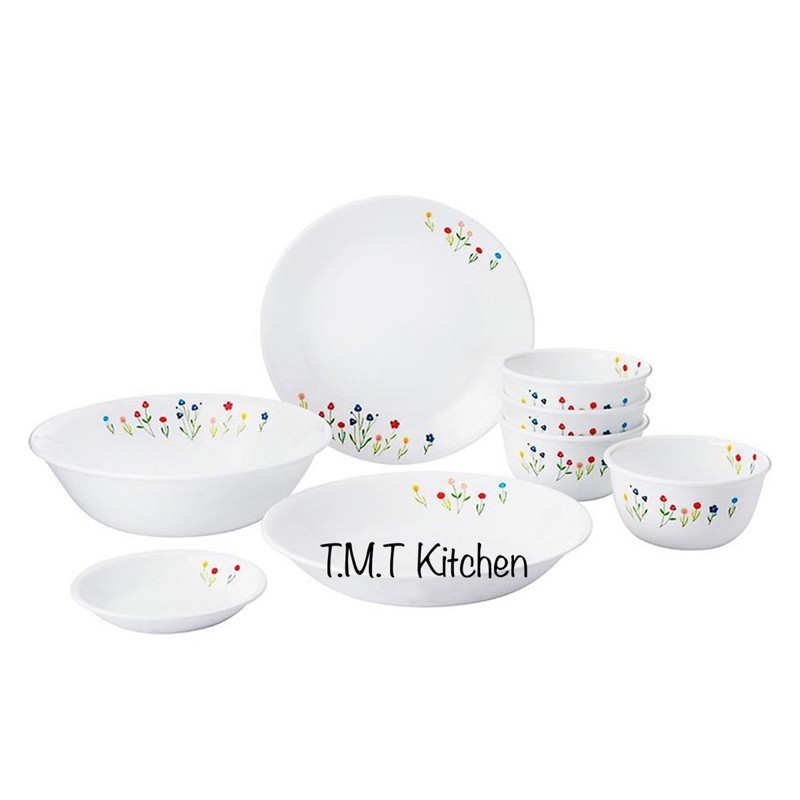 Combo chén dĩa thuỷ tinh Mỹ Corelle Flower Hill 8 món 8-FWH-P