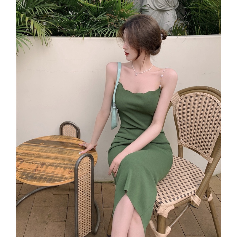 QKOOLE Đầm dài  cổ yếm phong cách cổ điển quyến rũ cho nữ