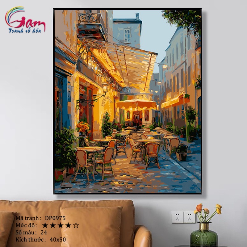 Tranh tô màu số hóa Gam phong cảnh quán cà phê có sẵn đã căng khung 40x50cm DP0975