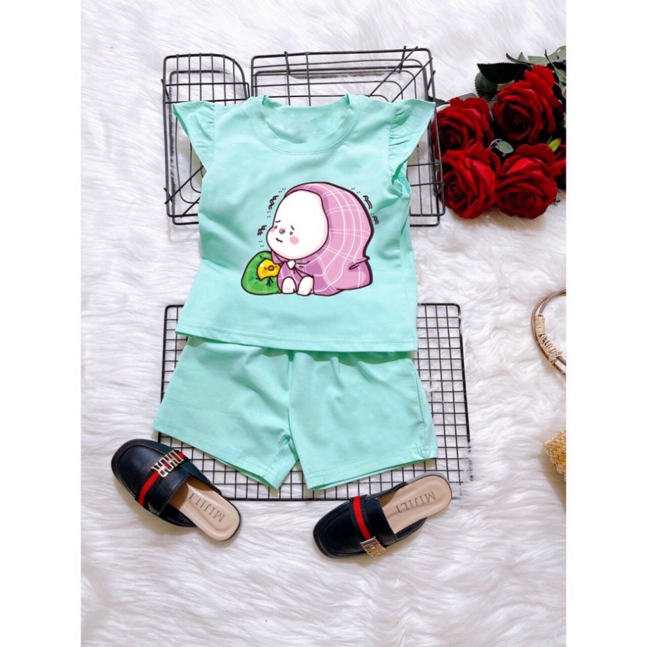 ( Km ) ( Khuyến mãi ) Bộ đồ bé gái tay nhúng bèo hình thỏ choang khăn tím và vịt vàng cho bé gái từ 6kg đên 29kg.DBBG55.