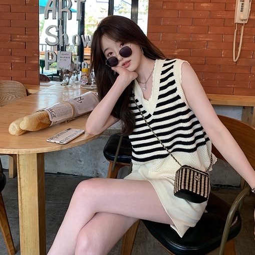 【ZHELIHANGFEI】Áo Dệt Kim Không Tay Cổ Chữ V Họa Tiết Kẻ Sọc Quyến Rũ