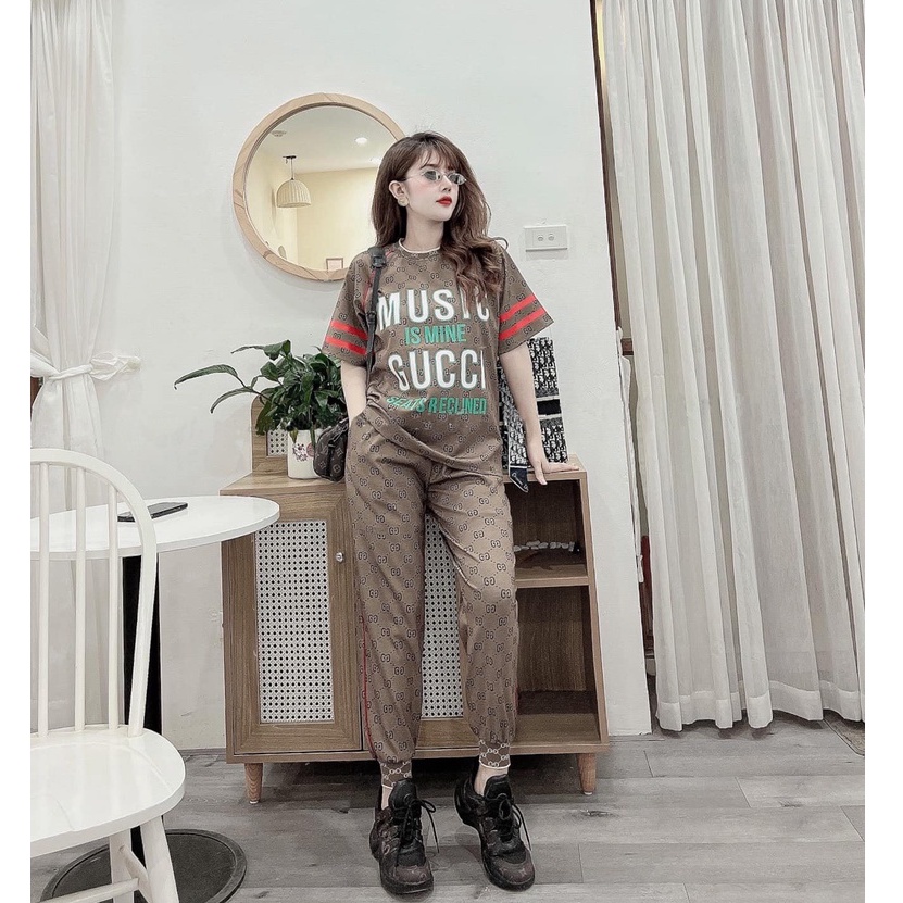Đồ Thể Thao Nữ Dài Đi Chơi - Áo Thun Thể Thao Nữ Quần Thun Bo Ống Form Rộng Họa Tiết Chất Thun Cotton Mềm