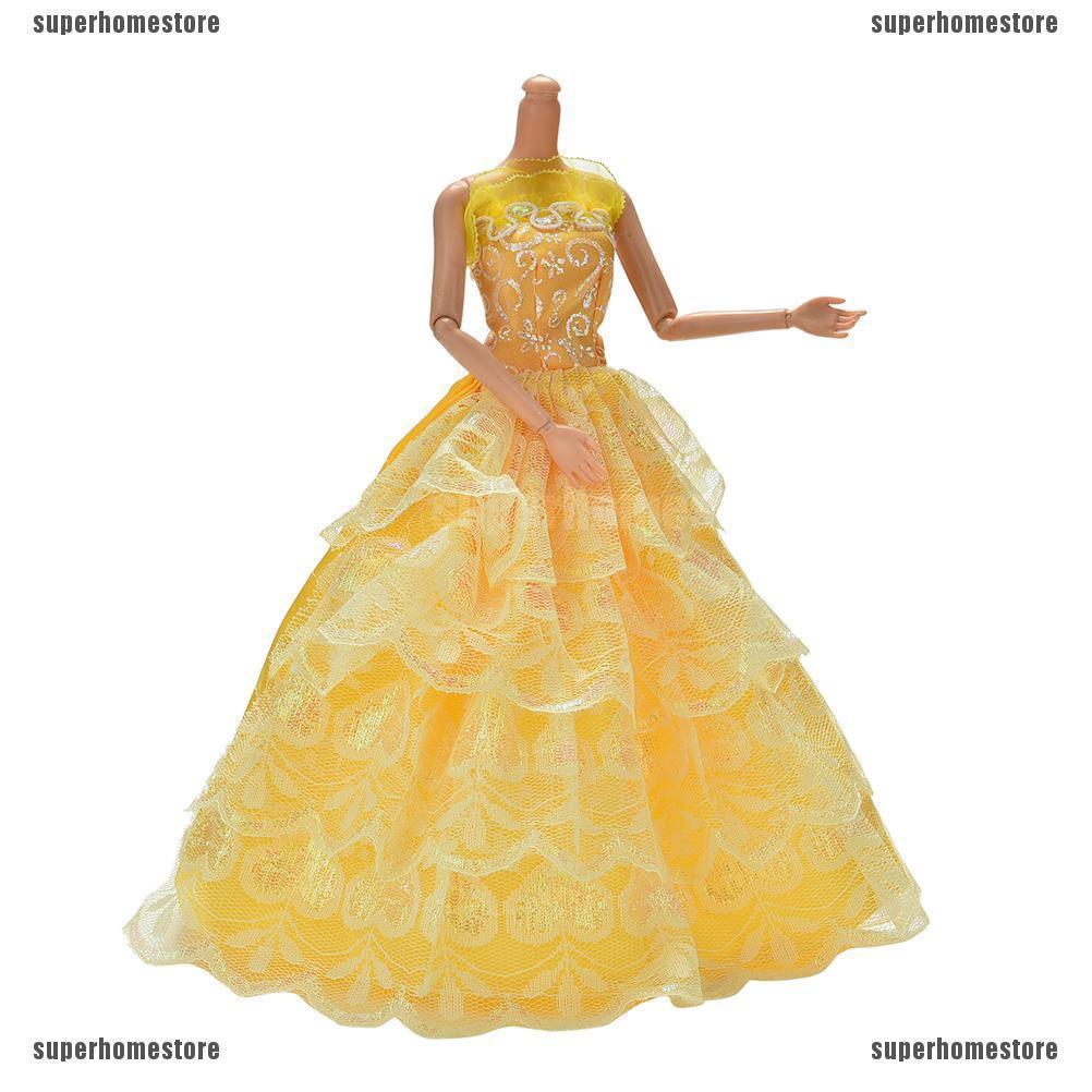 1 Đầm Cưới 4 Lớp Phối Ren Màu Vàng Cho Búp Bê 11 "