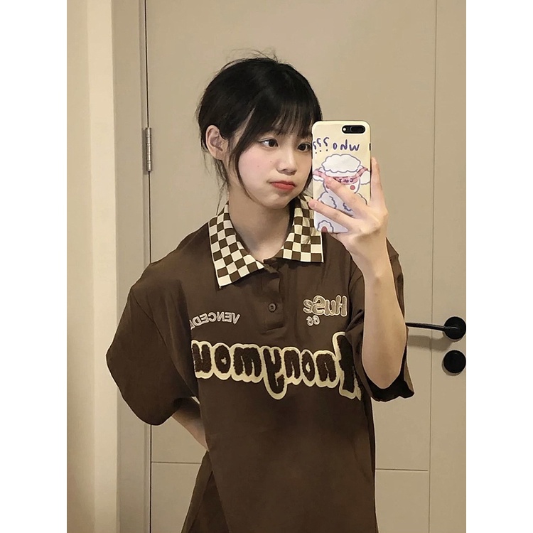 Áo Thun Tay Ngắn Dáng Rộng Họa Tiết Kẻ Sọc Ca Rô Phong Cách Vintage Thời Trang Mùa Hè Cho Nữ