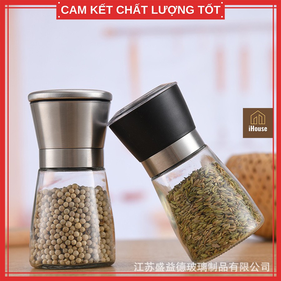 Lọ xay tiêu cầm tay thủy tinh và inox, dụng cụ xay tiêu cầm tay đa năng tiện lợi