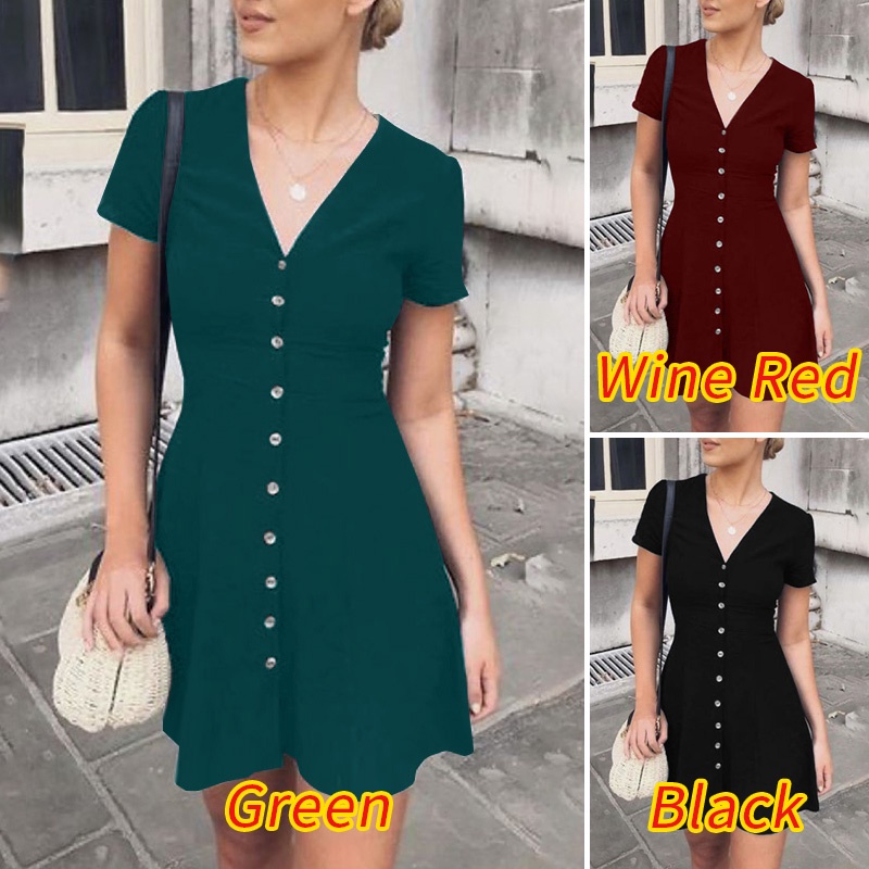 Đầm mini Zanzea ngắn tay cổ chữ v cài nút trước thời trang cho nữ