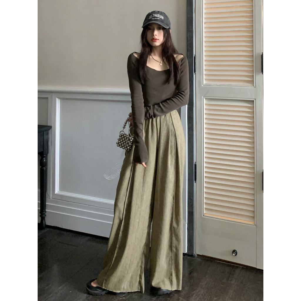 Áo Thun Tay Dài Lệch Vai Dáng Ôm / Eo Thun Vải Lanh Ống Rộng Thời Trang 54065