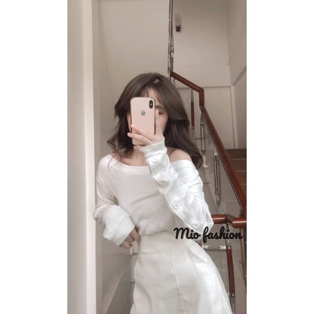 áo len trễ vai tay phối cúc (ảnh thật shop chụp) | BigBuy360 - bigbuy360.vn