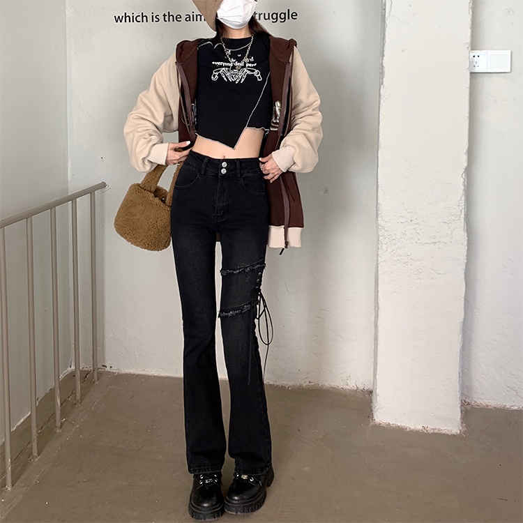 Đen Quần jeans Nữ Lưng Cao Ống Loe