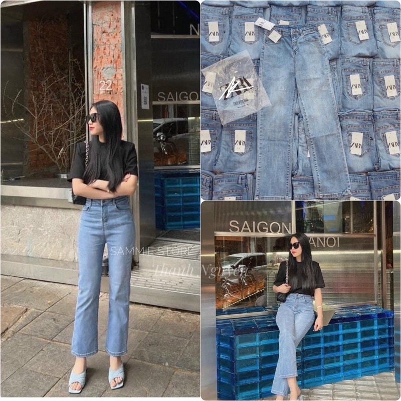 quần jean dài suông ống rộng Quần jeans dãn dáng xuông ống đứng màu xanh