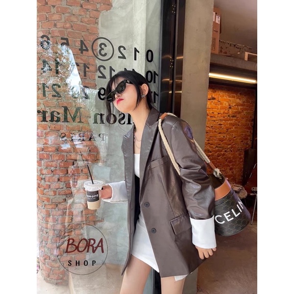Áo da blazer nữ Ulzzang Hàn Quốc BORA SHOP mix trắng ống tay order