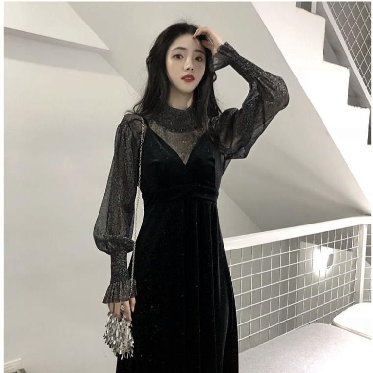 (Sẵn M) M29 - Đầm nhung Ulzzang dáng dài phối lưới kim sa sang trọng có Bigsize