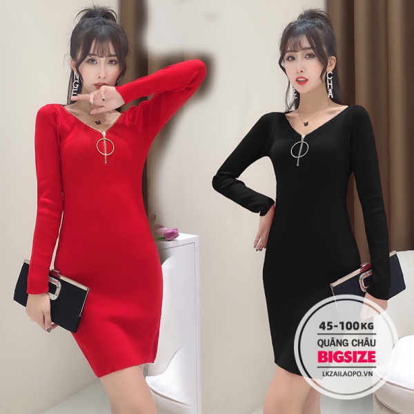 BIGSIZE Nữ (40-70kg) Đầm ôm body len dệt kimĐầm dệt kim hở lưng phối khóa kéo quyến rũ thời trang - Váy body - Phong cách Hàn Quốc - quảng châu cao cấp