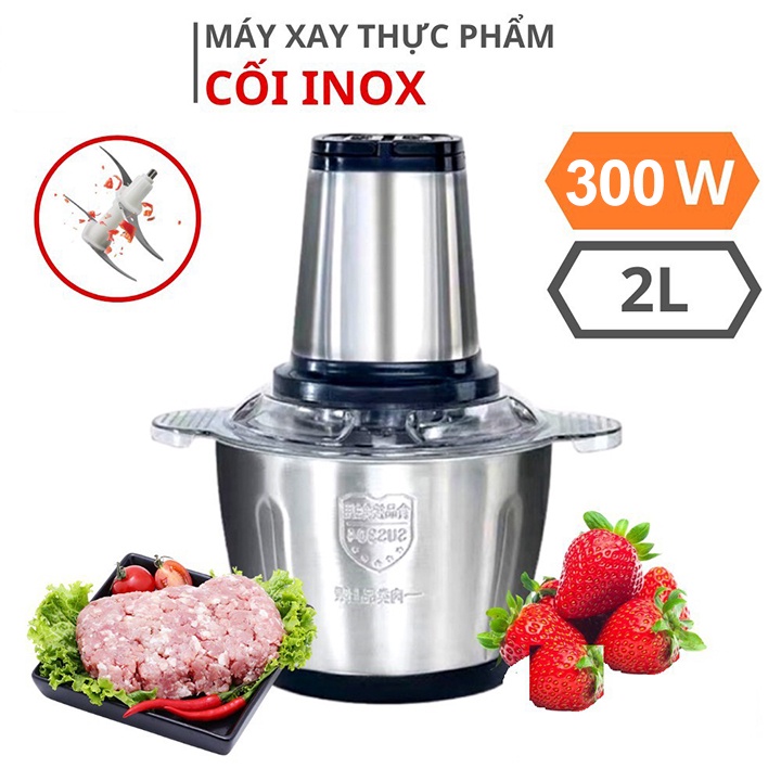 Máy Xay Thịt Cầm Tay Cối INOX 304 4 Lưỡi Dung Tích 2L, Công Suất 250W - Cối Xay Thực Phẩm Đa Năng