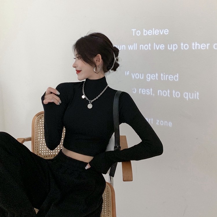Áo body cổ cao 3cm croptop áo thun len tăm tay dài WANAWEAR dáng ôm quyến rũ cực xinh màu đen trắng xám